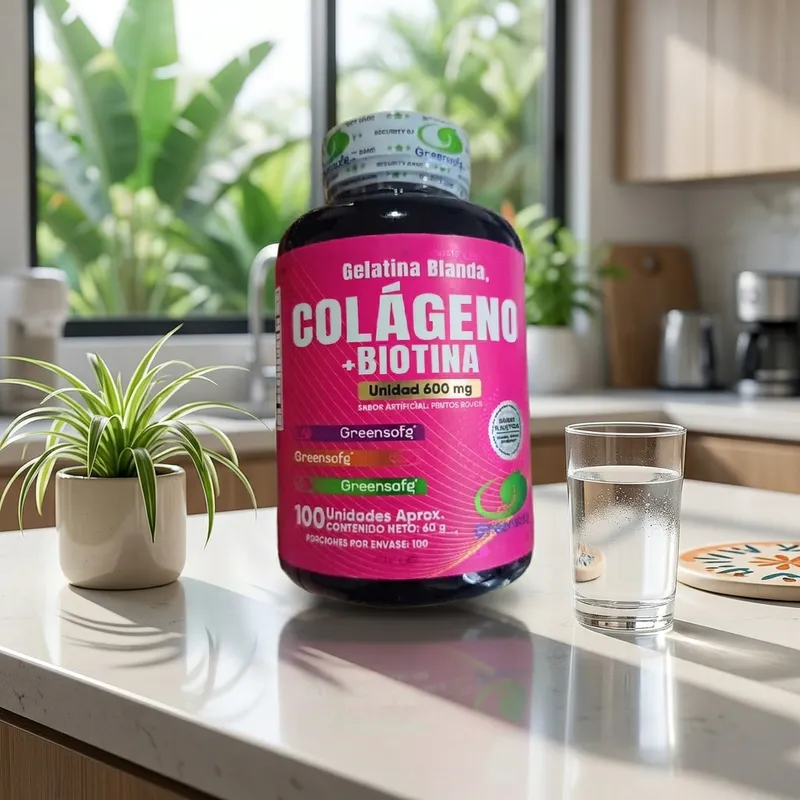 Colágeno con biotina en cápsulas en la cocina de una casa, junto a un vaso de agua