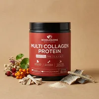 Colágeno multi en polvo con sus ingredientes naturales alrededor