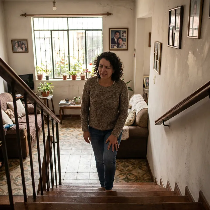 Una mujer de mediana edad con expresión de dolor tocándose la rodilla mientras sube las escaleras de su casa.