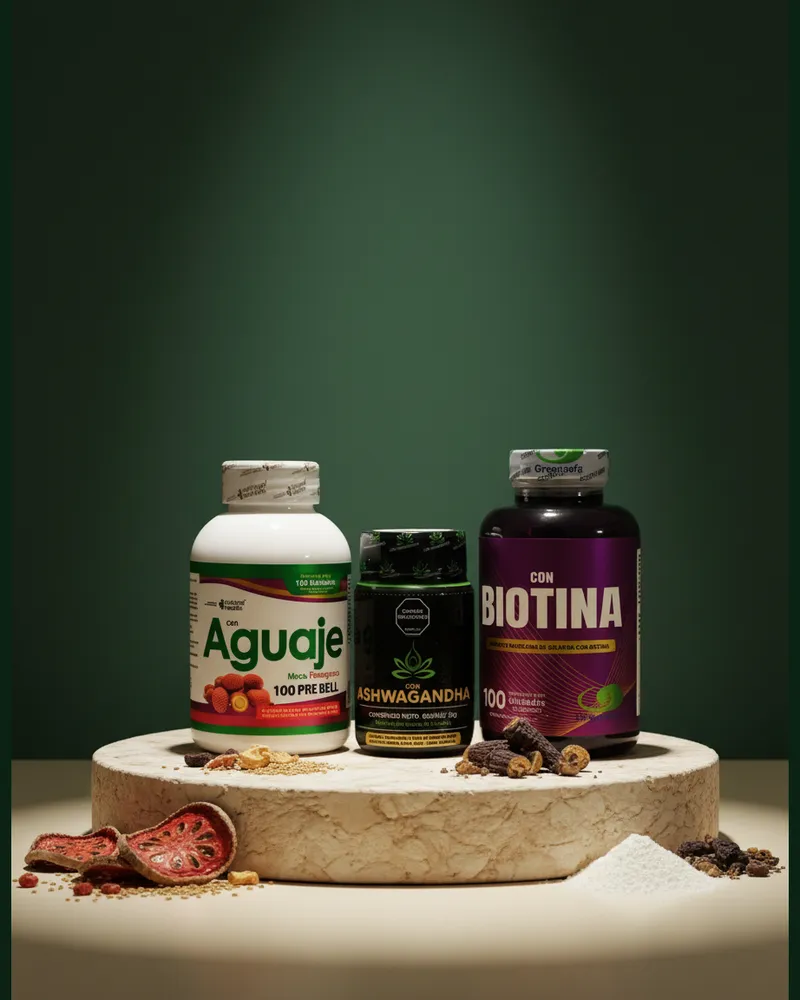 Combo aguaje y biotina sobre una piedra en un estudio verde, con sus ingredientes