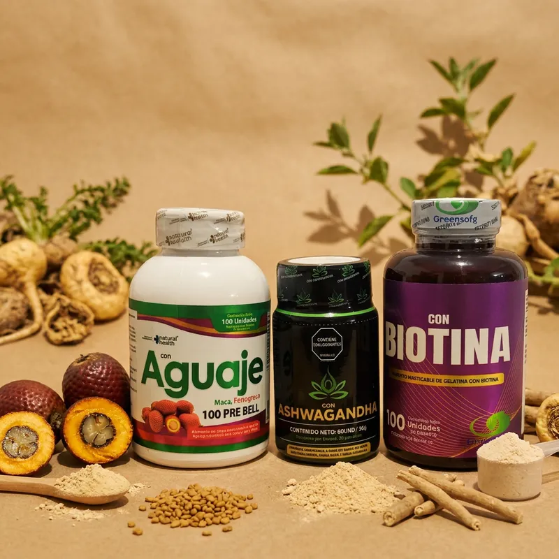 Combo aguaje y biotina con sus ingredientes naturales alrededor