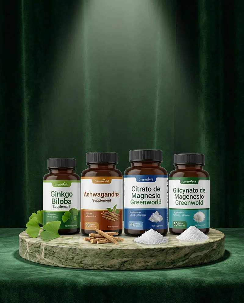 Combo de ginkgo y ashwagandha sobre una piedra en un estudio verde, con sus ingredientes