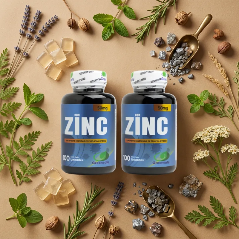 Combo de gomitas de zinc con sus ingredientes naturales alrededor