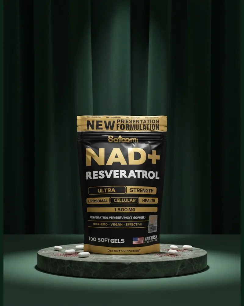 Combo de NAD+ y resveratrol sobre una piedra en un estudio verde, con sus ingredientes