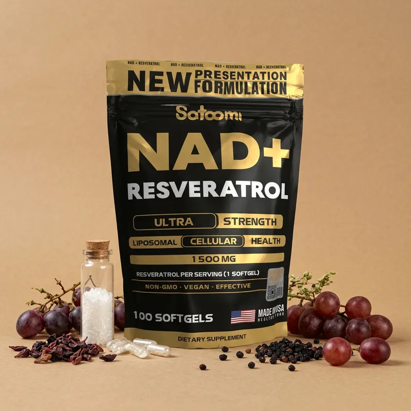 Combo de NAD+ y resveratrol con sus ingredientes naturales alrededor
