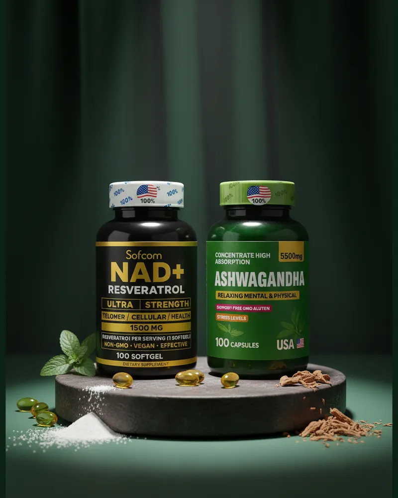 Combo NAD y ashwagandha sobre una piedra en un estudio verde, con sus ingredientes
