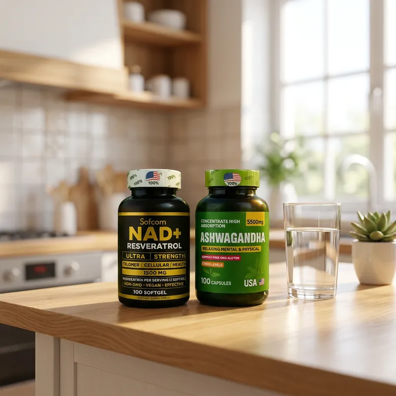 Combo NAD y ashwagandha en la cocina de una casa, junto a un vaso de agua