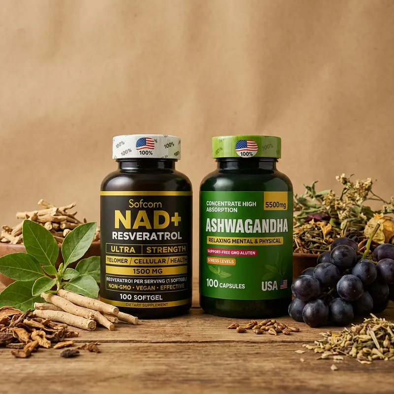 Combo NAD y ashwagandha con sus ingredientes naturales alrededor