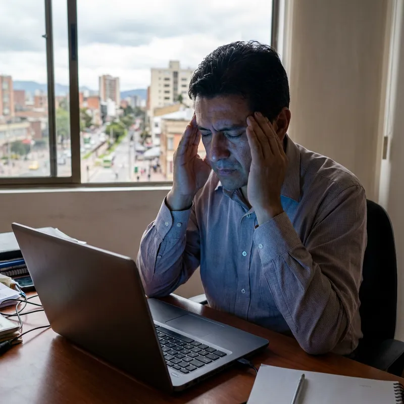 Un hombre latino de unos 40 años en su oficina en Bogotá, frotándose las sienes con cansancio frente al computador.