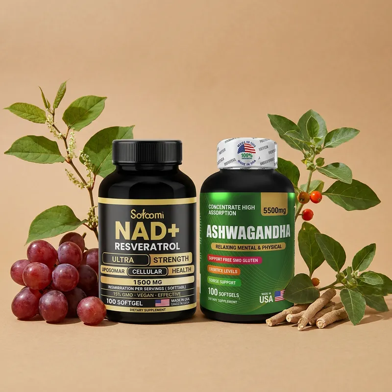 Combo NAD+ y ashwagandha con sus ingredientes naturales alrededor