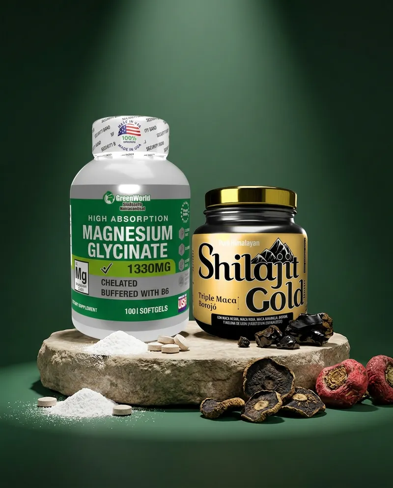 Combo shilajit y magnesio sobre una piedra en un estudio verde, con sus ingredientes
