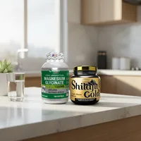 Combo shilajit y magnesio en la cocina de una casa, junto a un vaso de agua