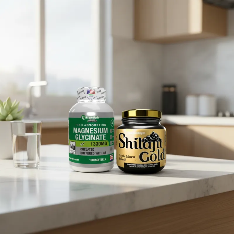 Combo shilajit y magnesio en la cocina de una casa, junto a un vaso de agua