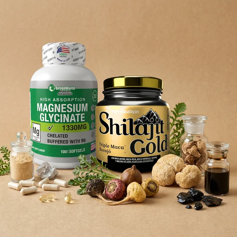 Combo shilajit y magnesio con sus ingredientes naturales alrededor