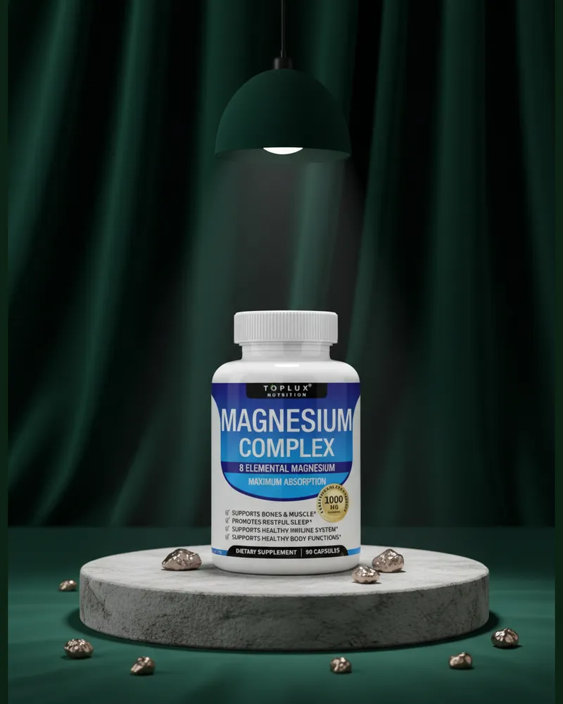 Complejo de magnesio en cápsulas sobre una piedra en un estudio verde, con sus ingredientes