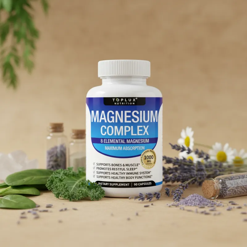 Complejo de magnesio en cápsulas con sus ingredientes naturales alrededor