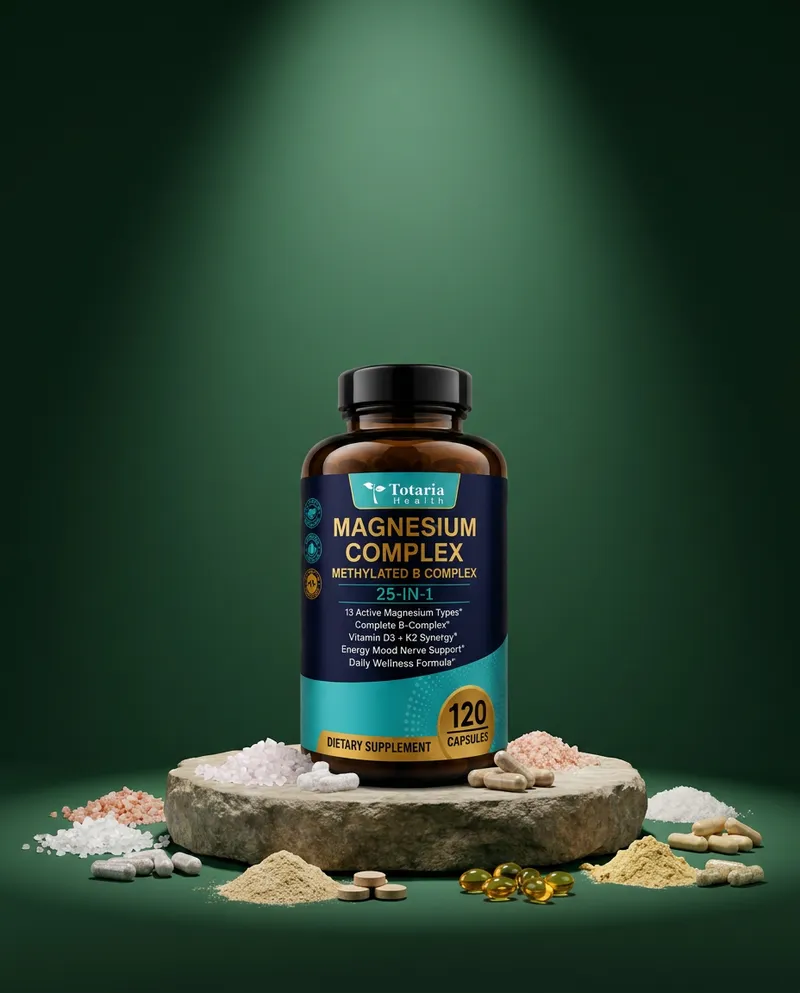 Complejo de magnesio y vitamina B sobre una piedra en un estudio verde, con sus ingredientes