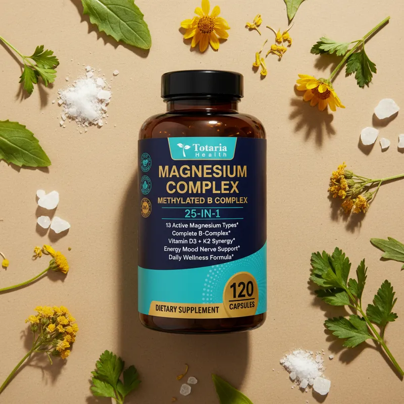 Complejo de magnesio y vitamina B con sus ingredientes naturales alrededor