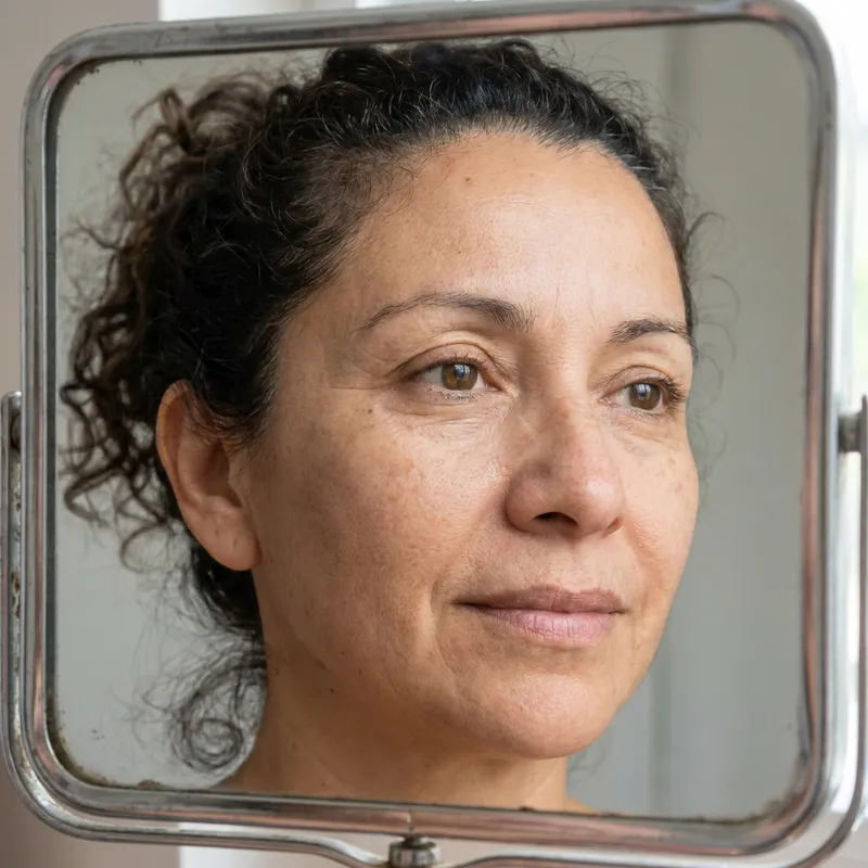 Primer plano del rostro de una mujer de 45 años mostrando líneas de expresión marcadas alrededor de los ojos.