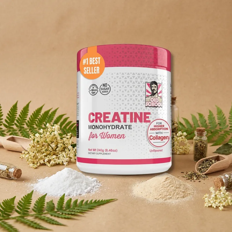 Creatina con colágeno en polvo con sus ingredientes naturales alrededor