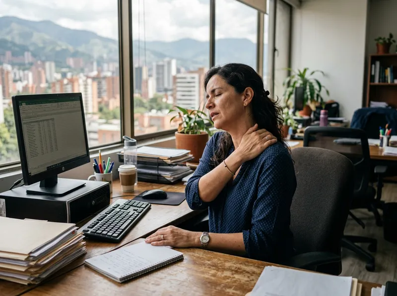 Una mujer de unos 40 años en su oficina en Medellín, tocándose el cuello y los hombros con cansancio frente al computador.