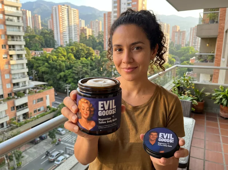 Una mujer de unos 35 años en el balcón de su apartamento en Medellín, sosteniendo el frasco de crema de magnesio con una sonrisa relajada.