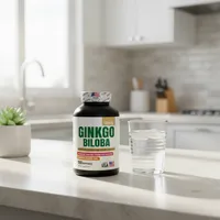 Ginkgo biloba en cápsulas en la cocina de una casa, junto a un vaso de agua