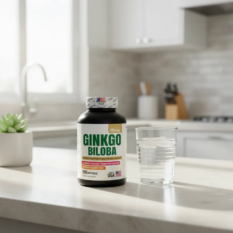Ginkgo biloba en cápsulas en la cocina de una casa, junto a un vaso de agua