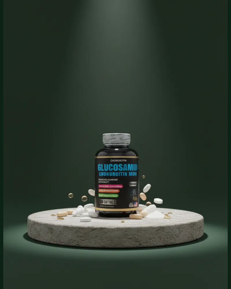 Glucosamina con condroitina sobre una piedra en un estudio verde, con sus ingredientes