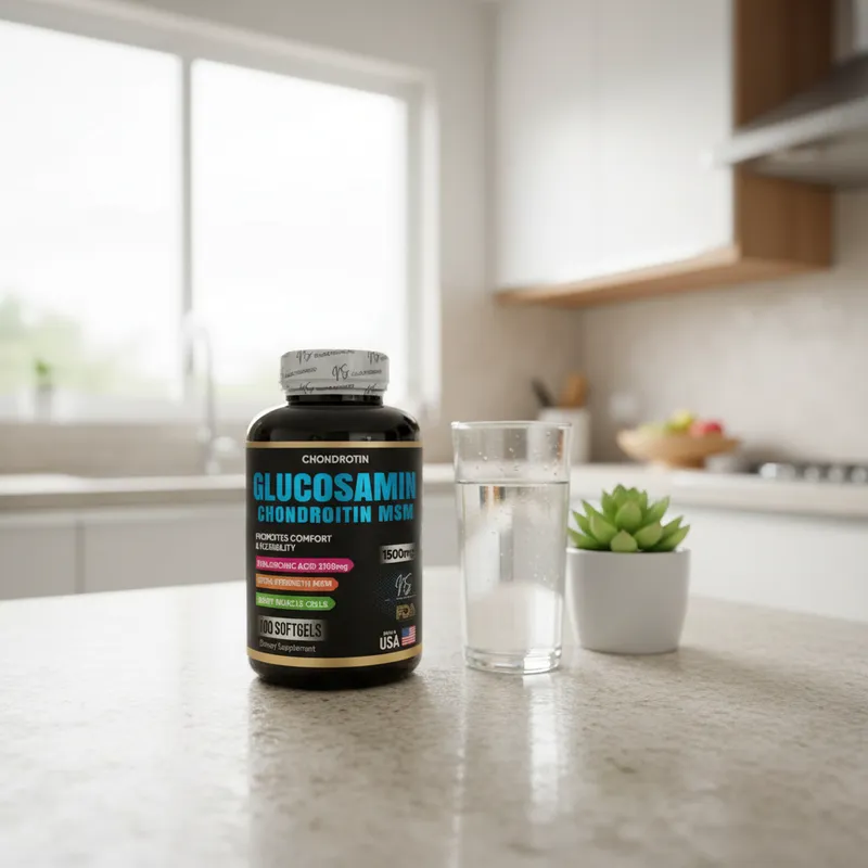 Glucosamina con condroitina en la cocina de una casa, junto a un vaso de agua