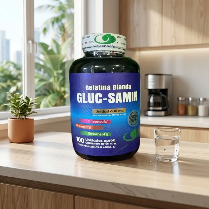 Glucosamina en cápsulas en la cocina de una casa, junto a un vaso de agua