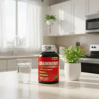 Gomitas de arándano en la cocina de una casa, junto a un vaso de agua