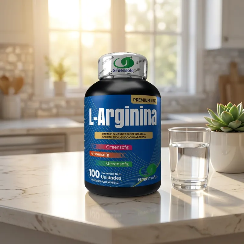 Gomitas de arginina en la cocina de una casa, junto a un vaso de agua