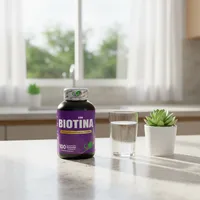 Gomitas de biotina en la cocina de una casa, junto a un vaso de agua