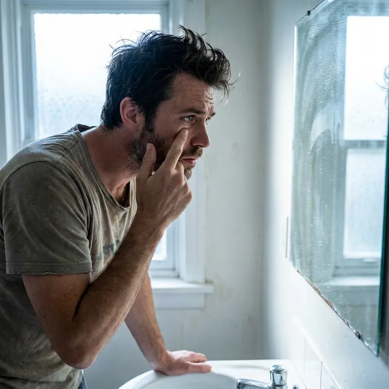Un hombre de unos 35 años mirándose al espejo del baño por la mañana, tocándose las ojeras con preocupación.