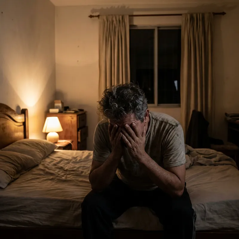 Un hombre latino de unos 50 años sentado en el borde de su cama a mitad de la noche, viéndose cansado y frustrado.