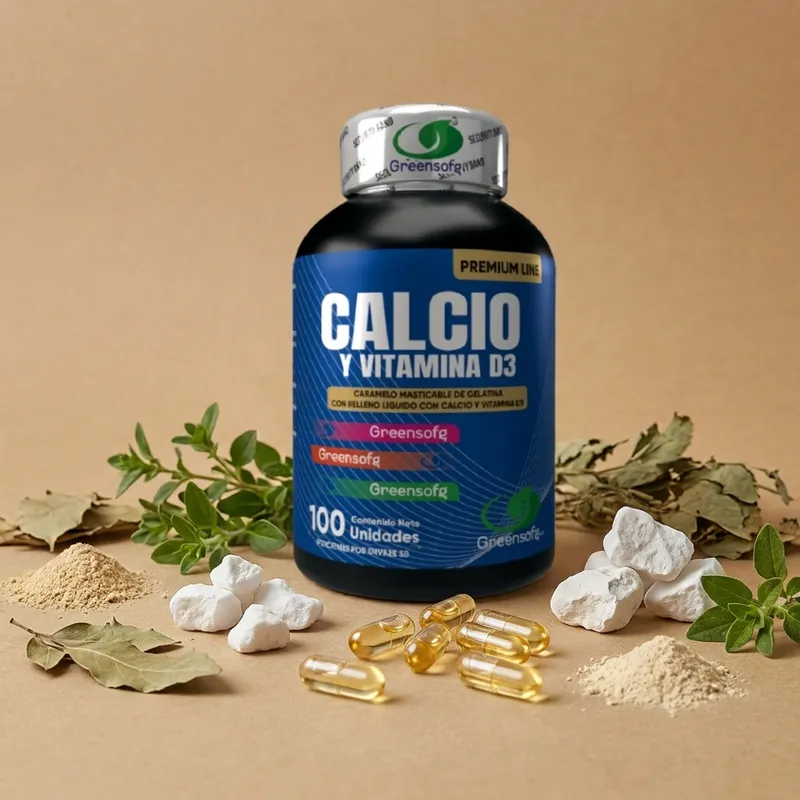 Gomitas de calcio y vitamina D3 con sus ingredientes naturales alrededor