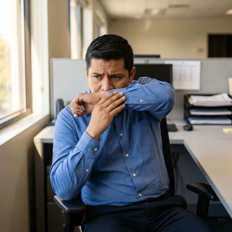 Hombre oliéndose discretamente la axila con expresión de incomodidad en el trabajo.