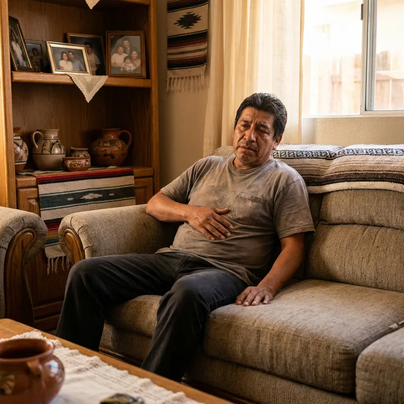 Un hombre de mediana edad sentado en el sofá de su sala, con cara de frustración y pesadez, frotándose el vientre.