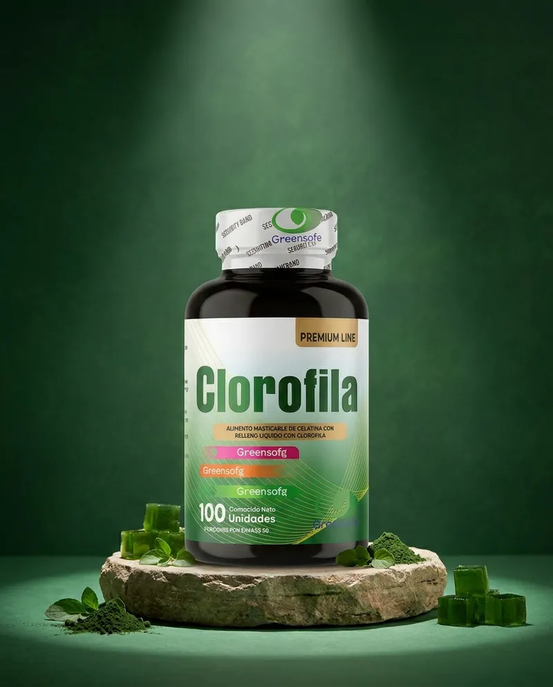 Gomitas de clorofila sobre una piedra en un estudio verde, con sus ingredientes