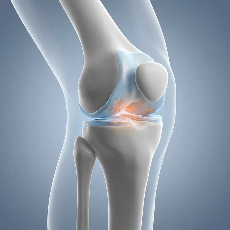 Ilustración médica en 3D de una articulación de la rodilla mostrando desgaste en el cartílago.