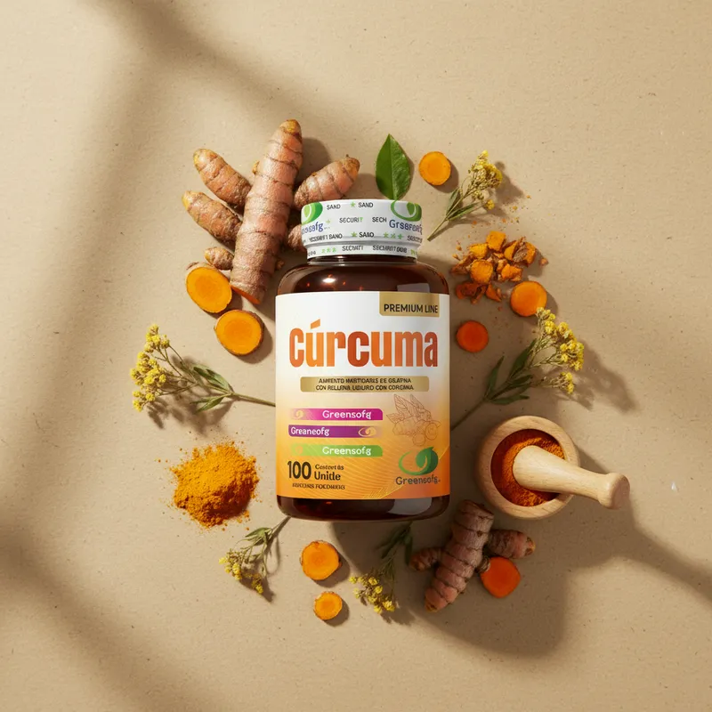Gomitas de cúrcuma con sus ingredientes naturales alrededor