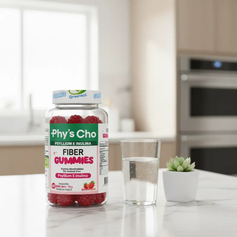 Gomitas de fibra con psyllium en la cocina de una casa, junto a un vaso de agua