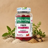 Gomitas de fibra con psyllium con sus ingredientes naturales alrededor