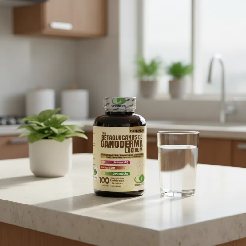 Gomitas de ganoderma en la cocina de una casa, junto a un vaso de agua