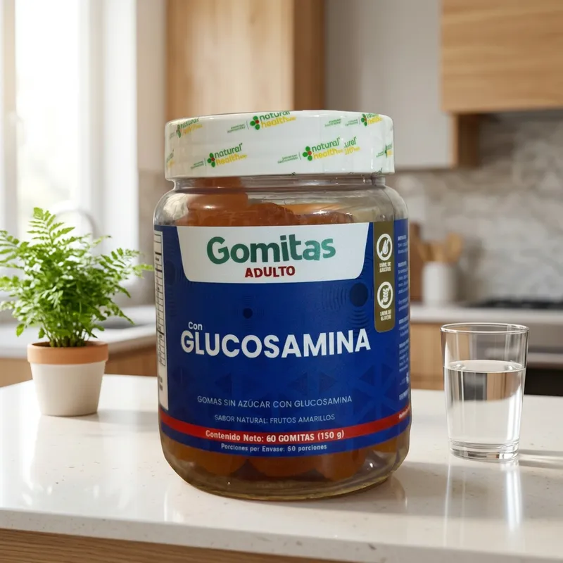 Gomitas de glucosamina en la cocina de una casa, junto a un vaso de agua