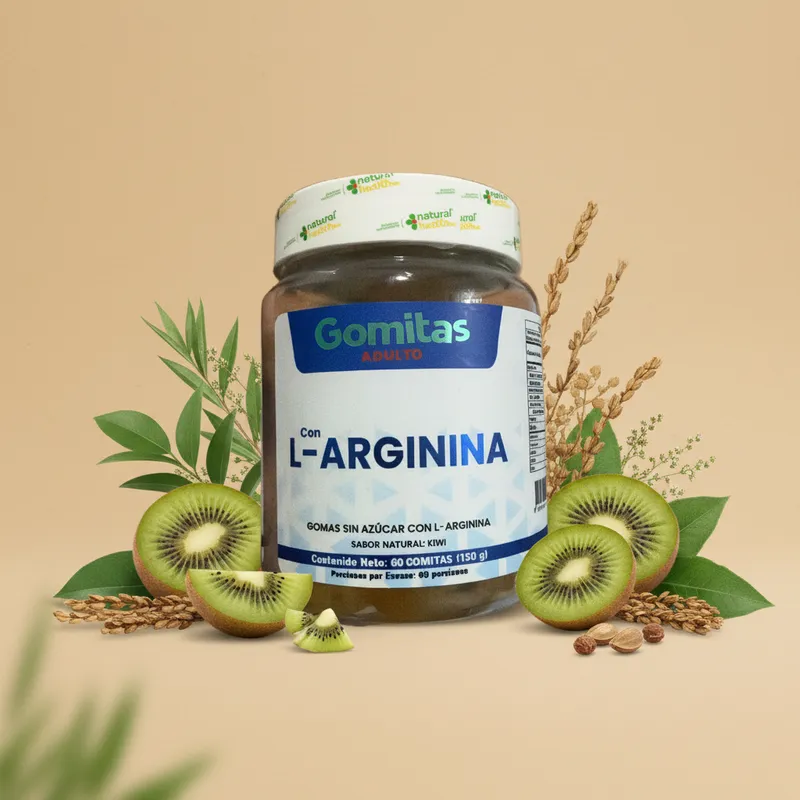 Gomitas de L-arginina con sus ingredientes naturales alrededor