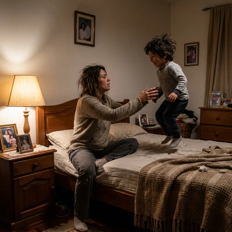 Una madre colombiana cansada intentando dormir a su hijo hiperactivo en la cama por la noche