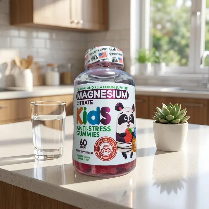 Gomitas de magnesio para niños en la cocina de una casa, junto a un vaso de agua