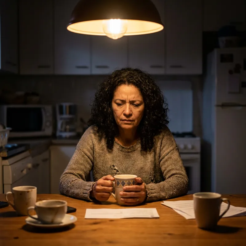 Una mujer de unos 45 años sentada en la cocina de noche, sosteniendo una taza, con mirada de preocupación y cansancio.